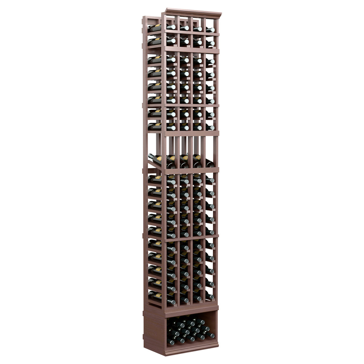 8ft 4-column wine display rack, dark wood with open bottle slots and front base tray