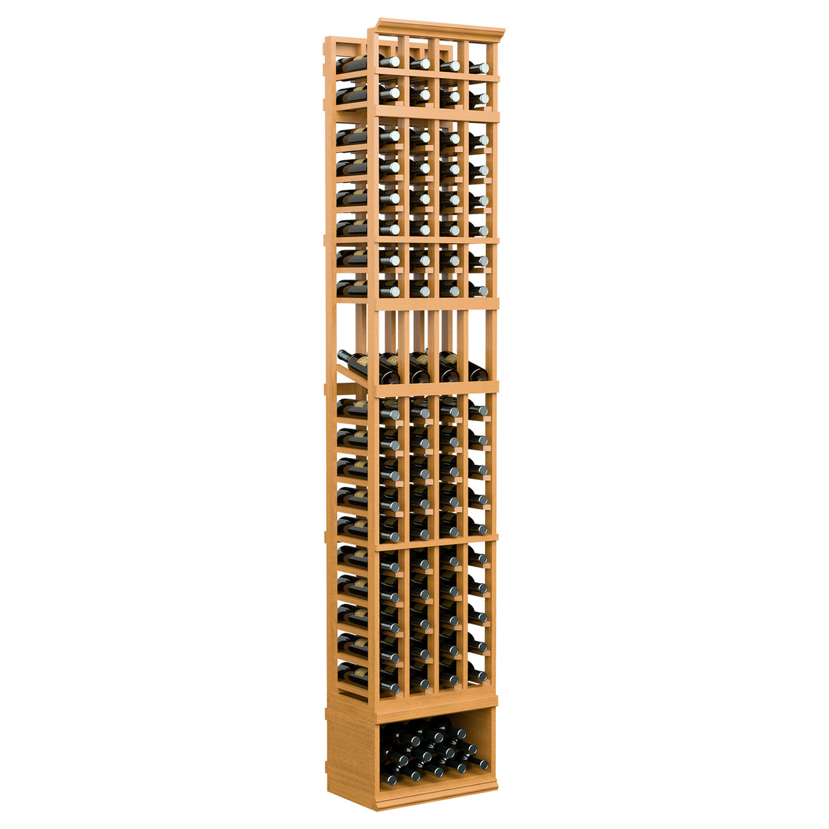 8ft 4-column wine display rack, amber wood with open bottle slots and front base tray