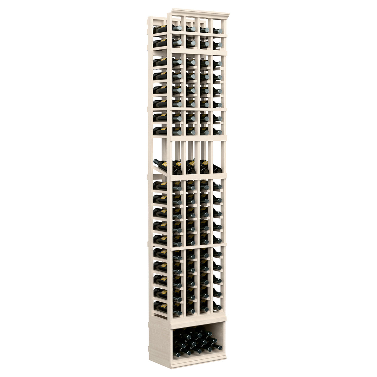 8ft 4-column wine display rack, pale gray wood with open bottle slots and front base tray