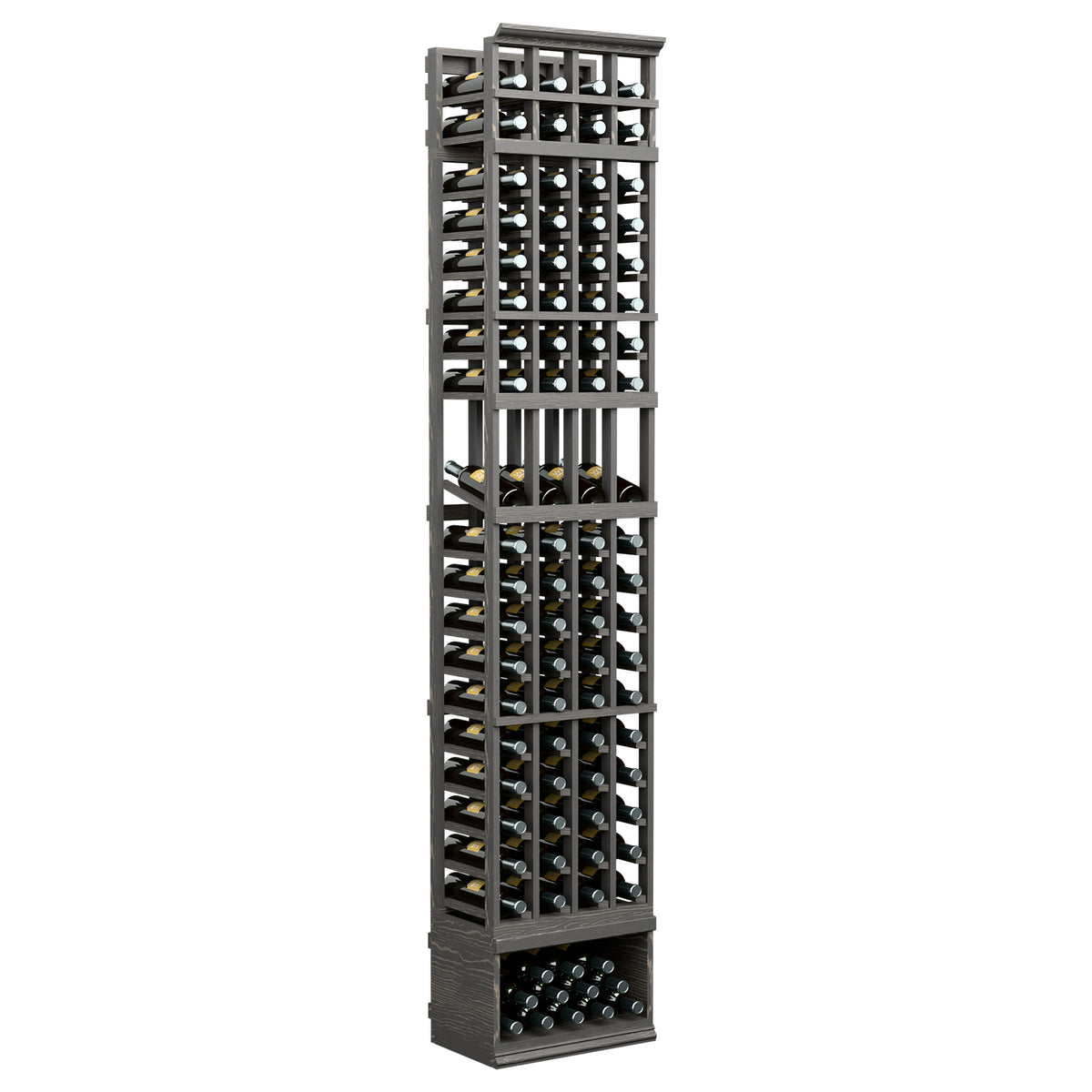 4-column wine bottle display rack, dark stained wood with bottle slots and base