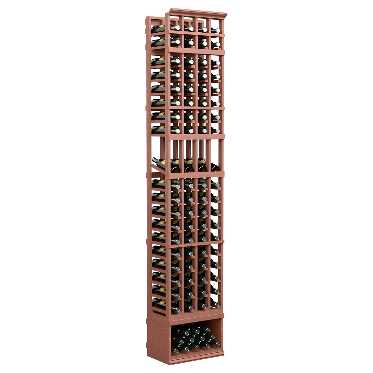 4-column wine bottle display rack, warm brown/red wood with bottle cubbies and base
