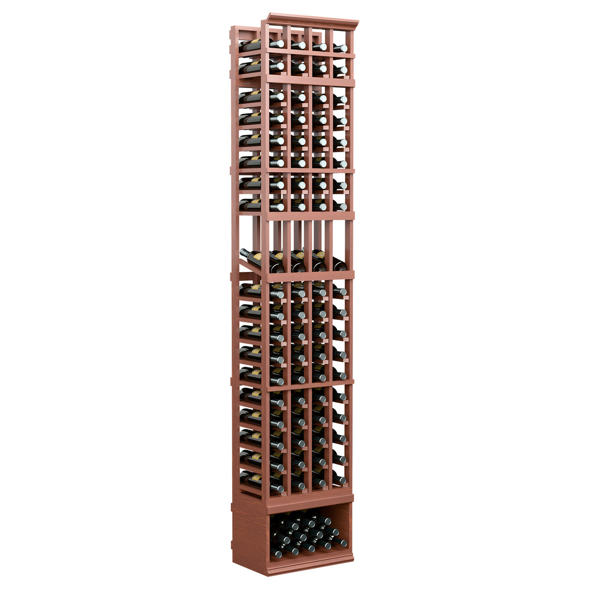 4-column wine bottle display rack, deep brown wood with bottle grid shelves and base