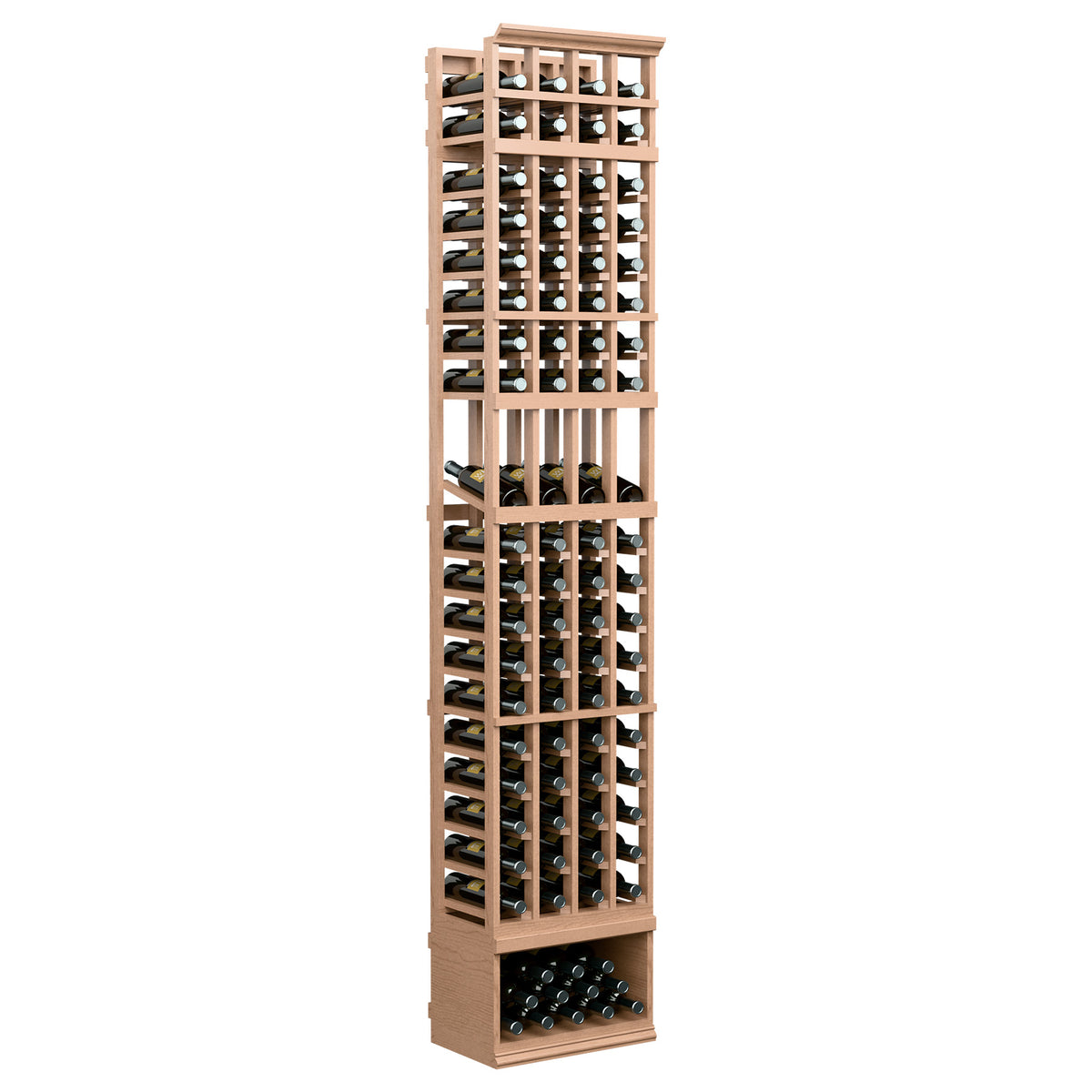 4-column wine bottle display rack, light wood with bottle grid shelves and bottom bottle tray