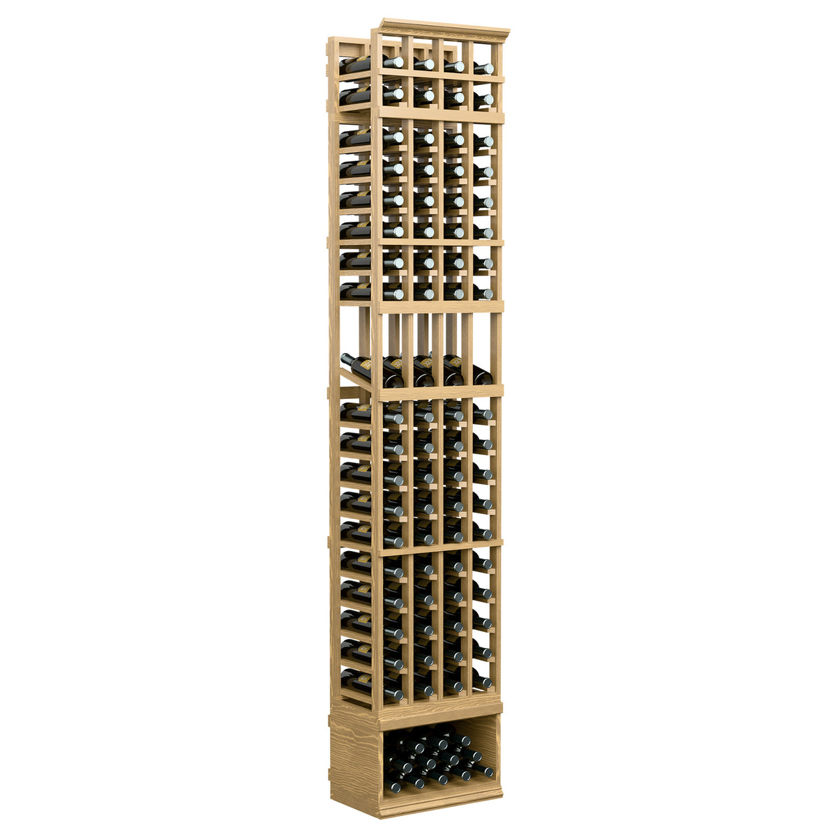 4-column wine bottle display rack, pale tan wood with bottle cubbies and bottom shelf