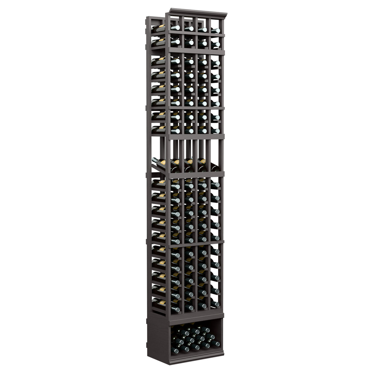 4-column wine bottle display rack, charcoal black finish with bottle grid and base