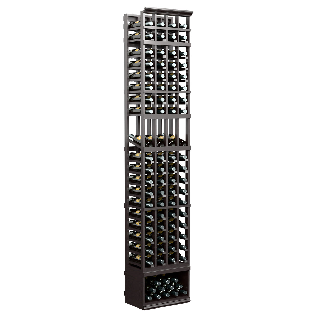 4-column wine bottle display rack, dark stained wood with bottle openings and lower tray