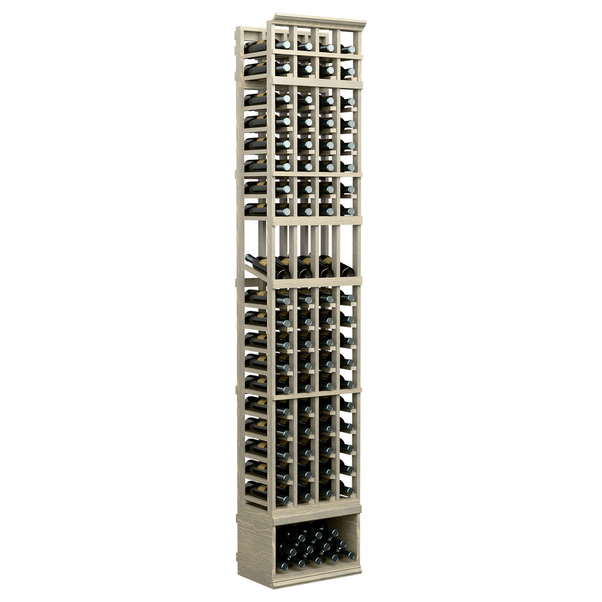 Light wood 4-column wine bottle display rack with front-facing bottle slots