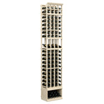 Light wood wine bottle display rack with four vertical columns of bottle openings