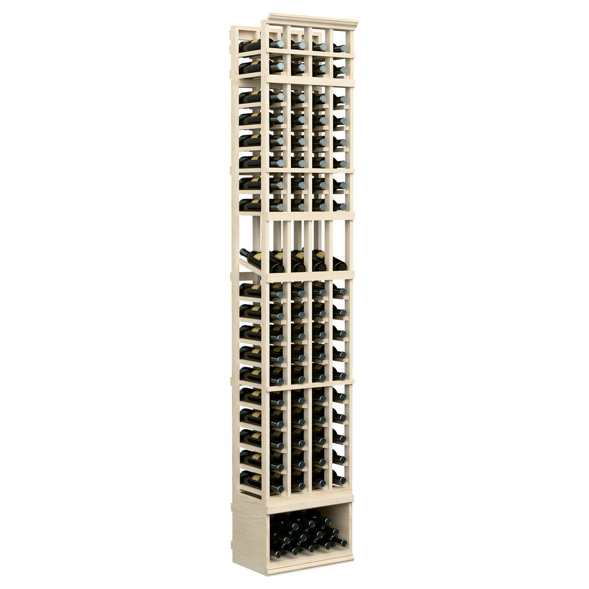 Light wood wine bottle display rack with four vertical columns of bottle openings