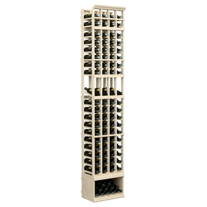 Light wood wine bottle display rack with four vertical columns of bottle openings