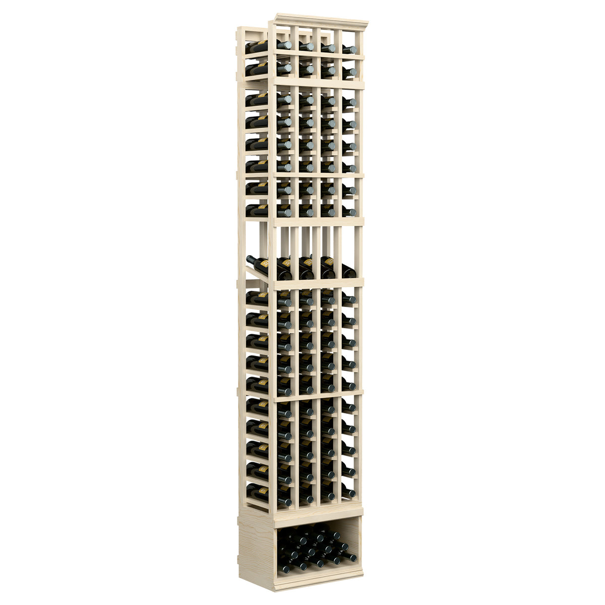 Light wood 4-column wine bottle rack with open shelves and lower bottle storage