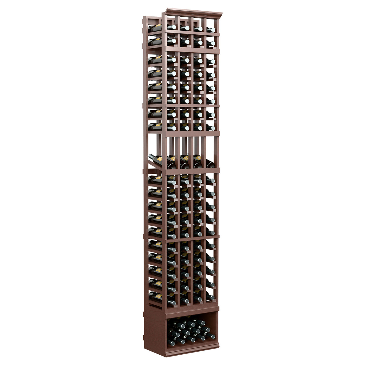 Dark wood wine bottle display rack with four vertical columns of bottle openings