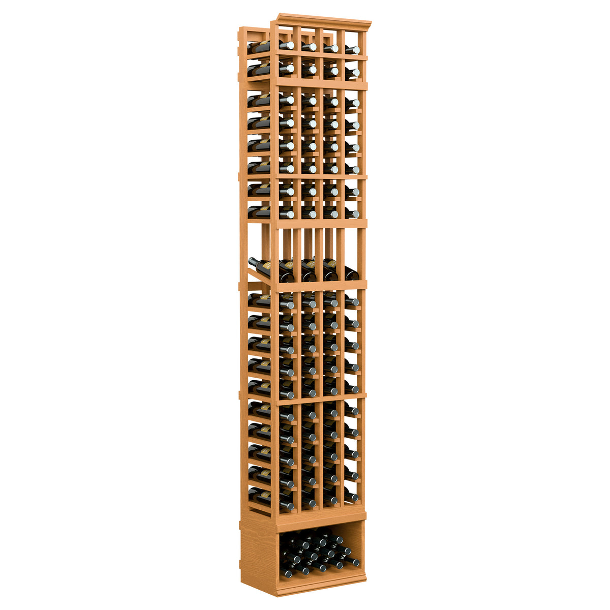 Medium wood 4-column wine bottle display rack with open grid shelves and bottle slots