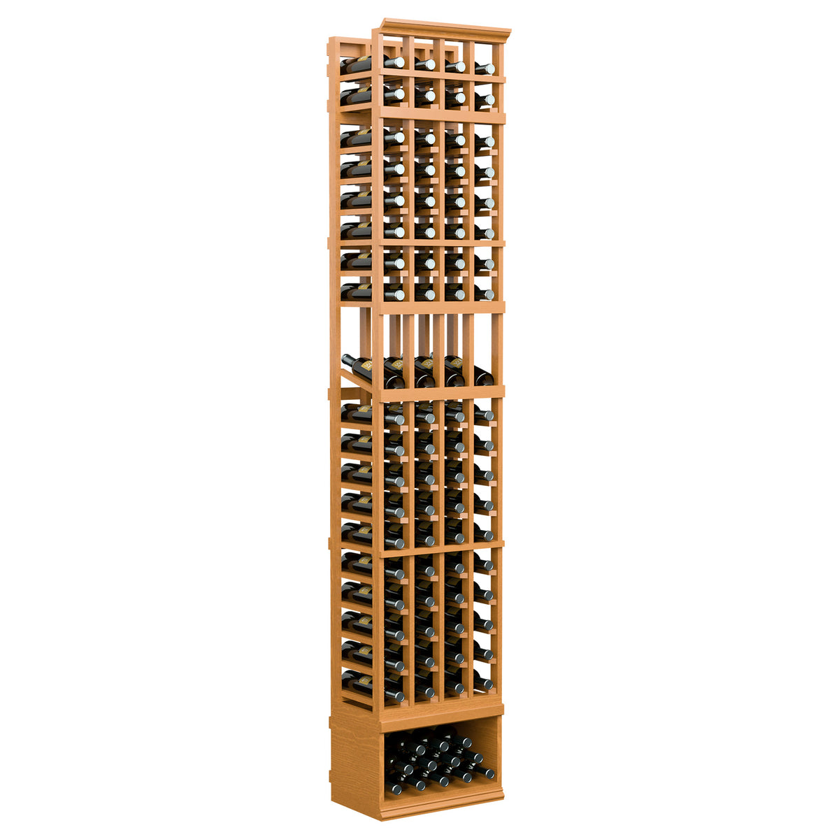 Medium wood 4-column wine bottle display rack with front rows of bottle storage slots