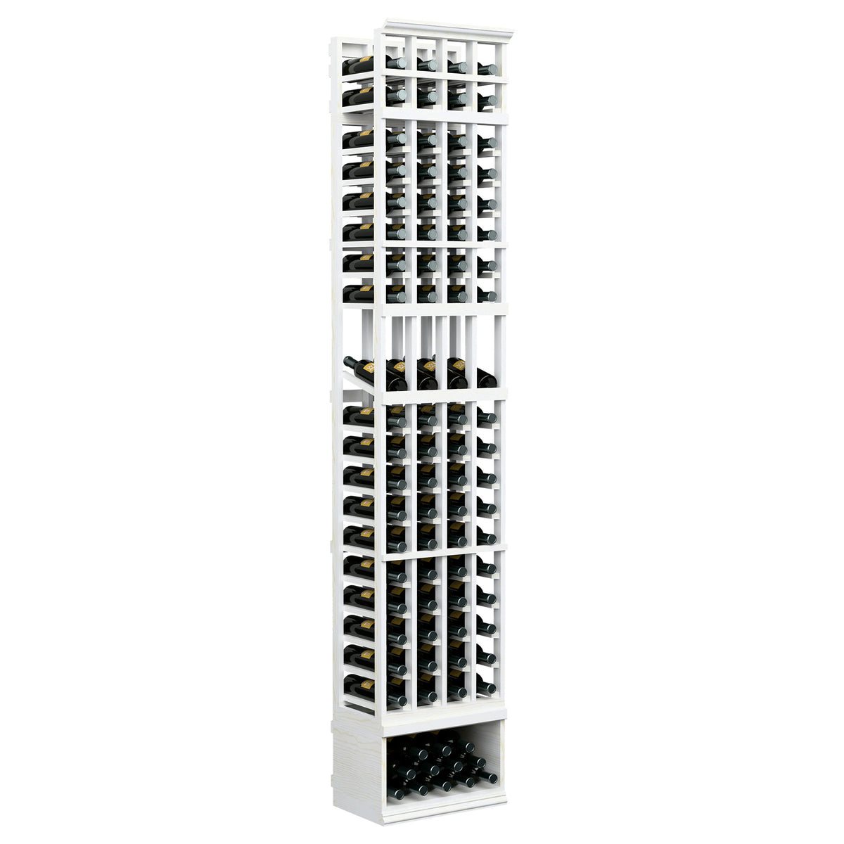 White 4-column wine bottle display rack with open grid shelves and bottle slots