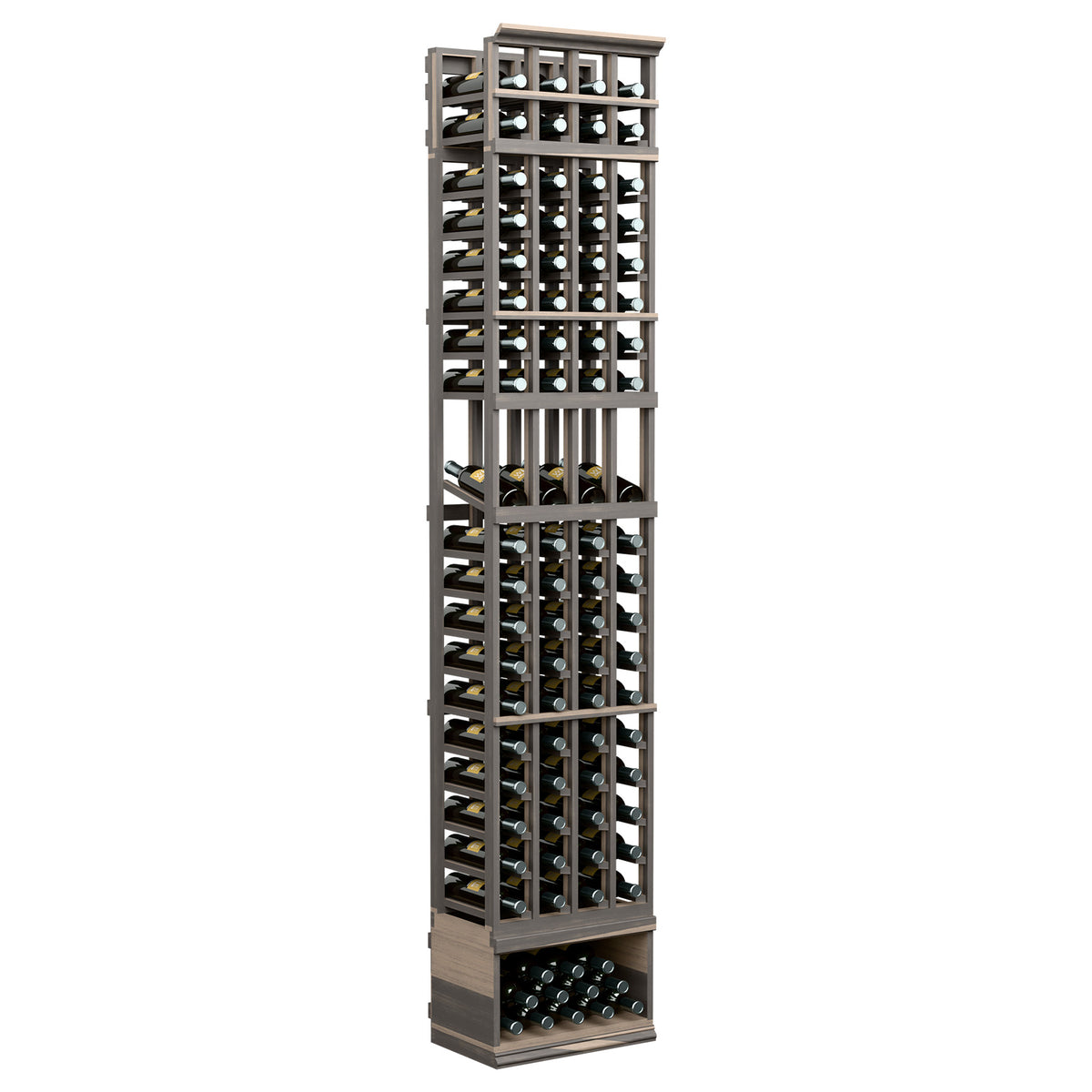 Dark wood wine bottle display rack with four columns and open cubbies, 8ft tall
