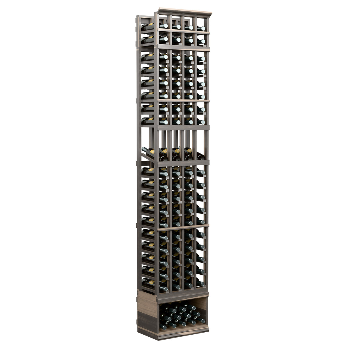 Dark wood wine bottle display rack with four columns and open cubbies, front view, 8ft
