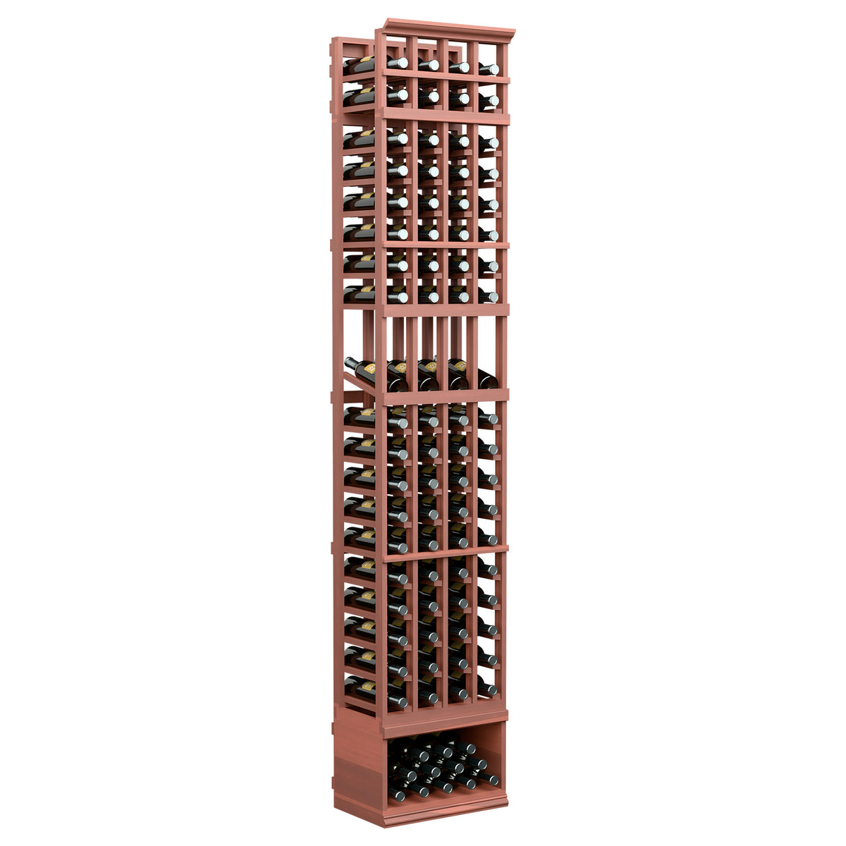 Red-brown wood wine bottle display rack with four columns and open cubbies, 8ft tall