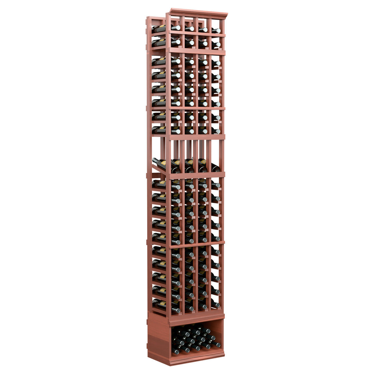 Red-brown wood wine bottle display rack with four columns and open cubbies, front view, 8ft