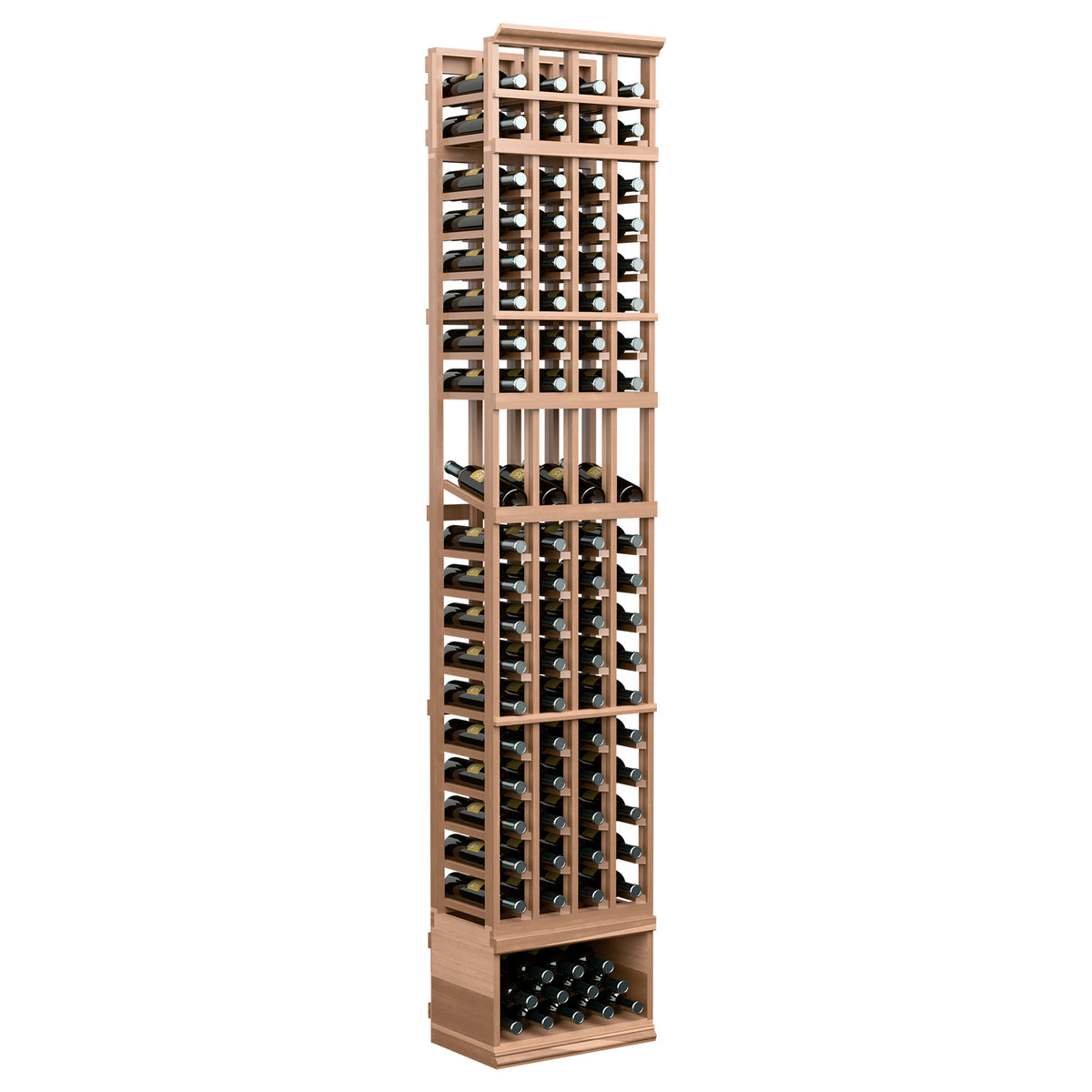 Light wood wine bottle display rack with four columns and open cubbies, front view, 8ft