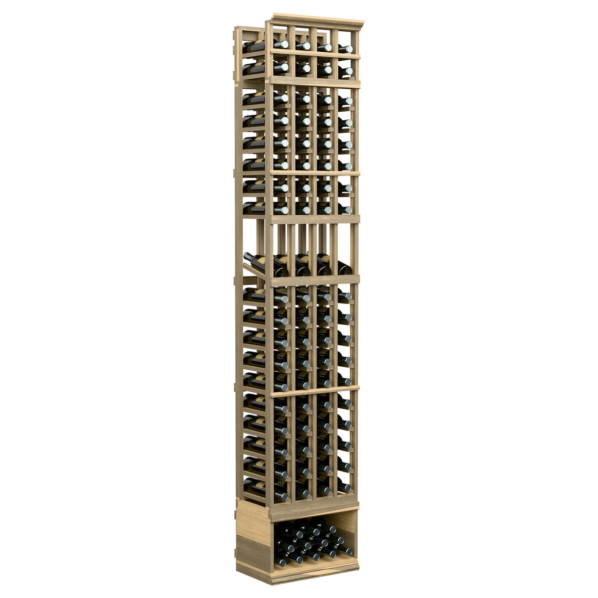 Light wood wine bottle display rack with four columns and open cubbies, narrow front view, 8ft