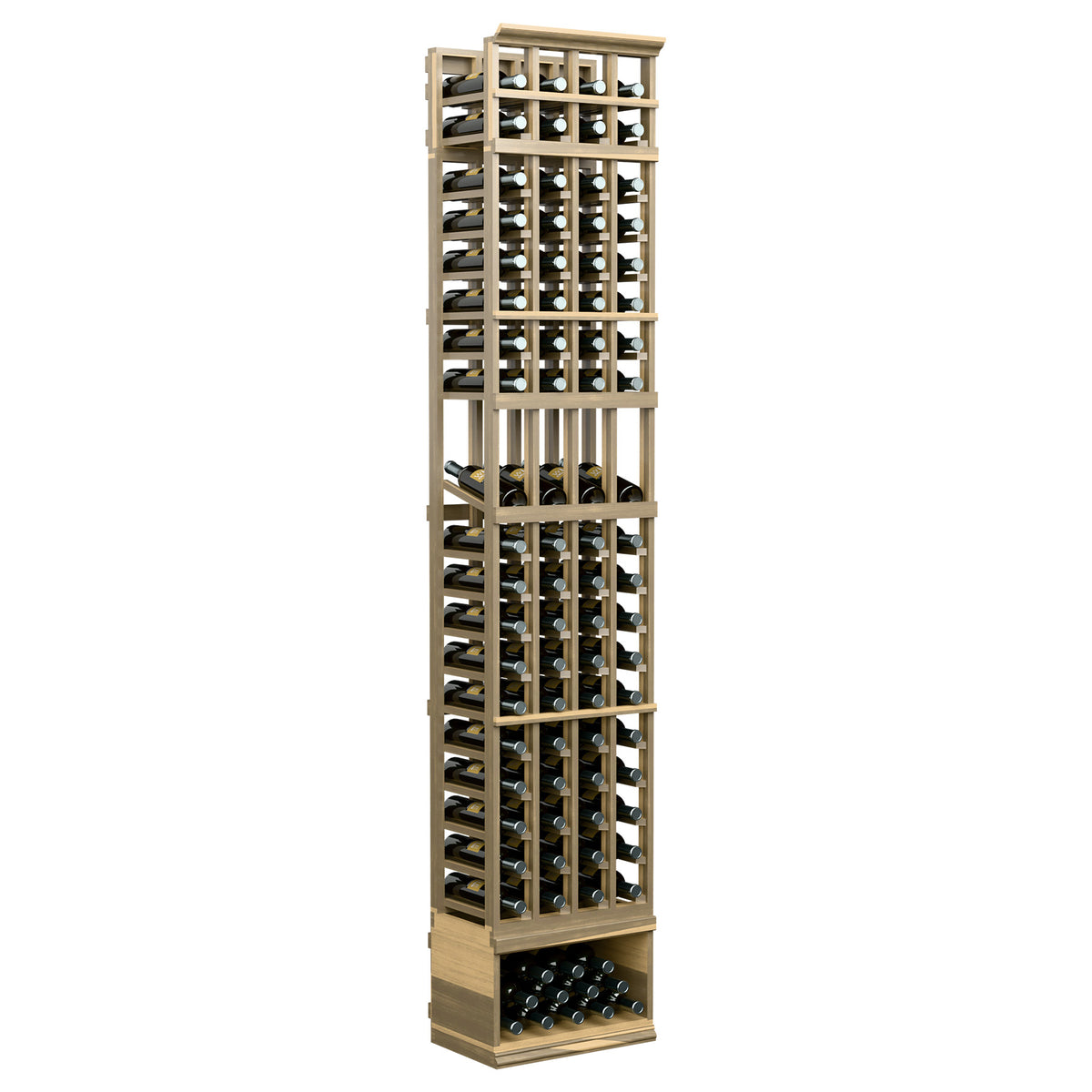 Light wood wine bottle display rack with four columns and open cubbies, full front, 8ft