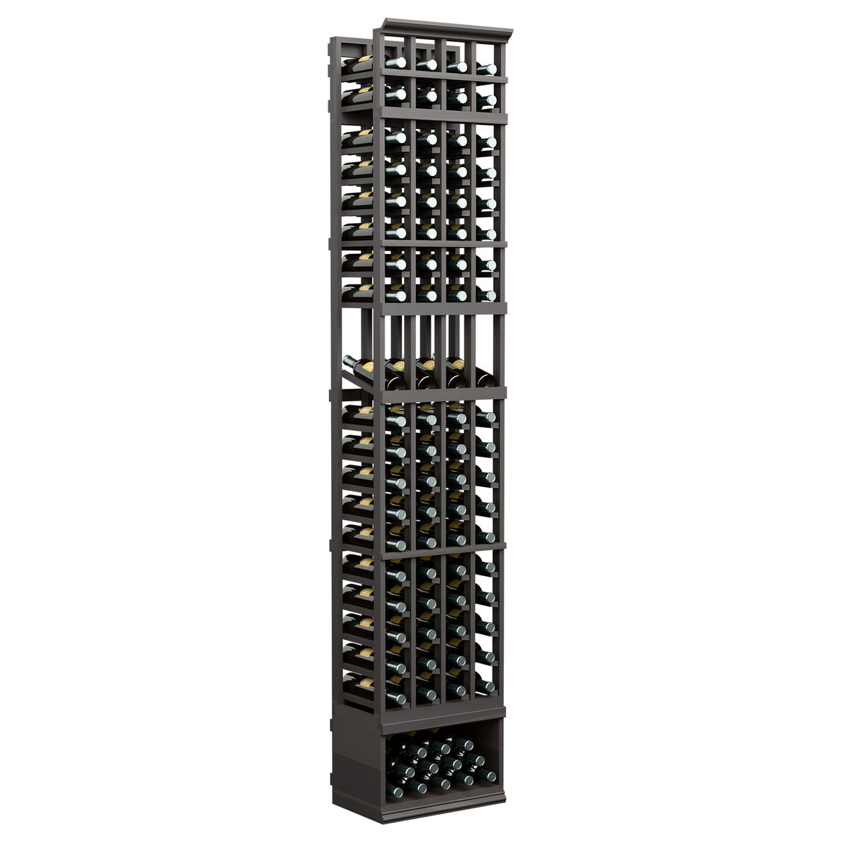 Dark wood wine bottle display rack with four columns and open cubbies, 8ft tall