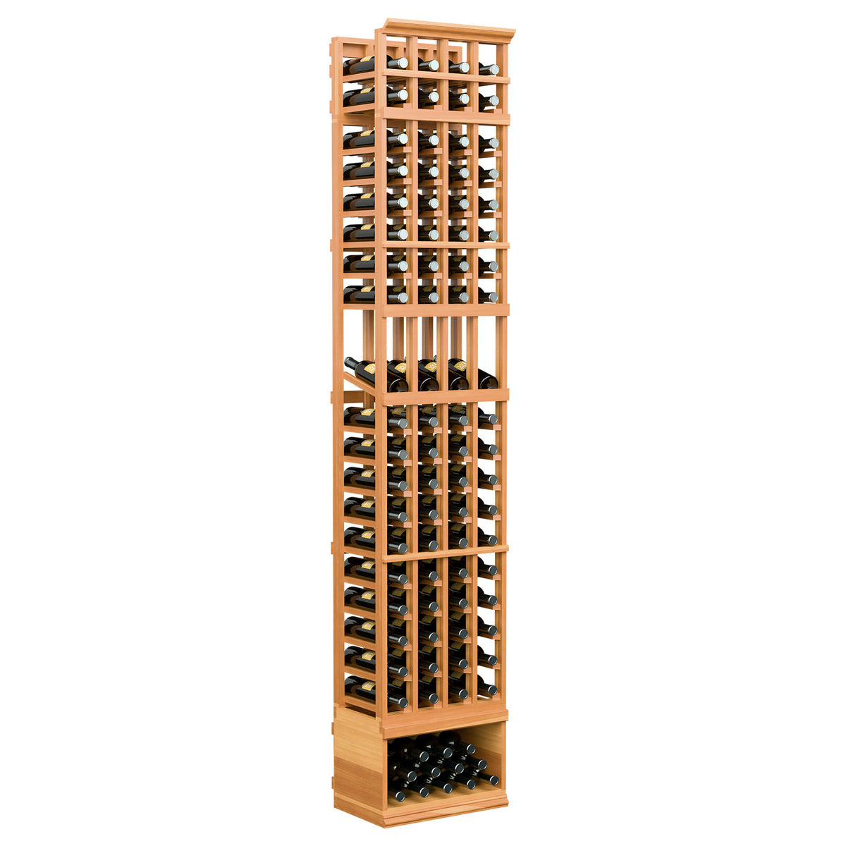 Wood wine bottle display rack, 4-column, 8ft; honey wood with black bottle rests