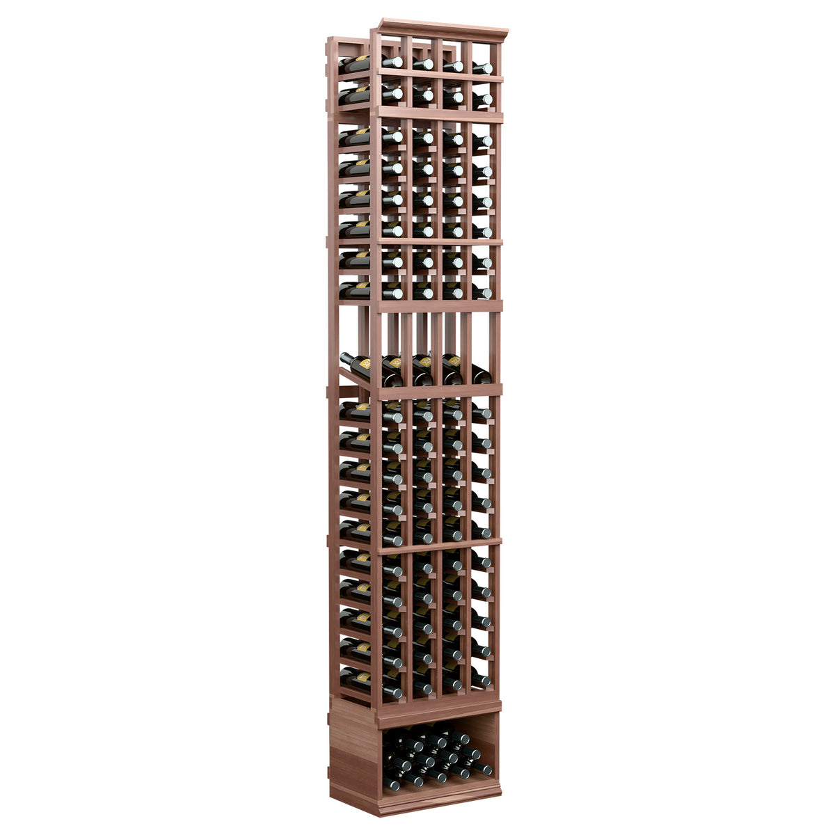 Wood wine bottle display rack, 4-column, 8ft; espresso-style dark wood frame