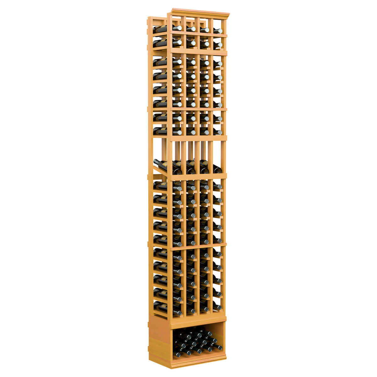 Wood wine bottle display rack, 4-column, 8ft; light wheat wood with black slots