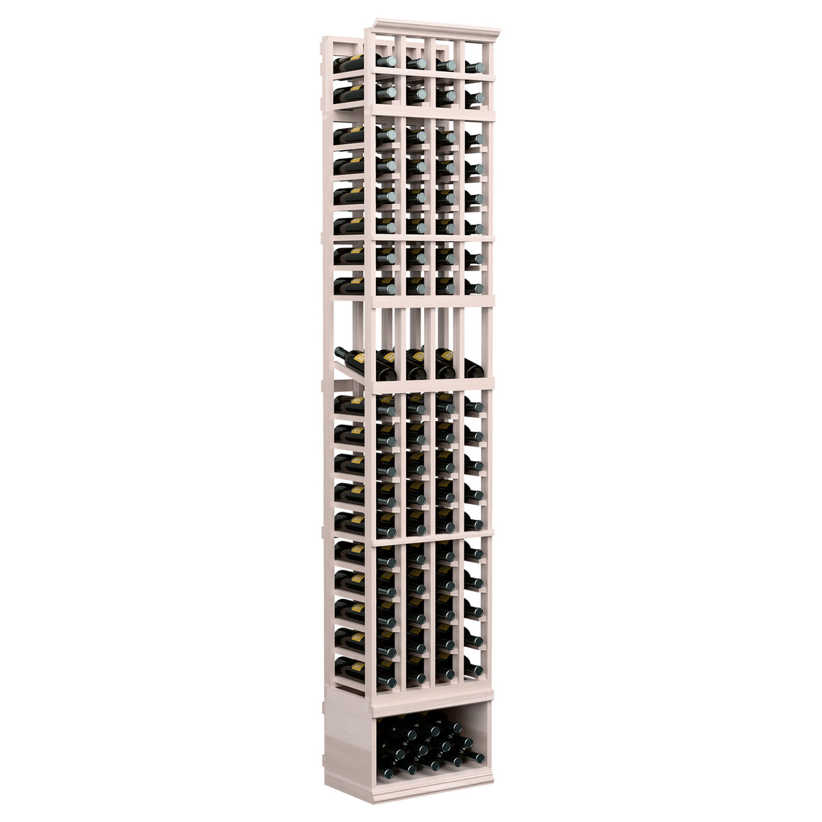 Wood wine bottle display rack, 4-column, 8ft; white-gray frame with bottle holders