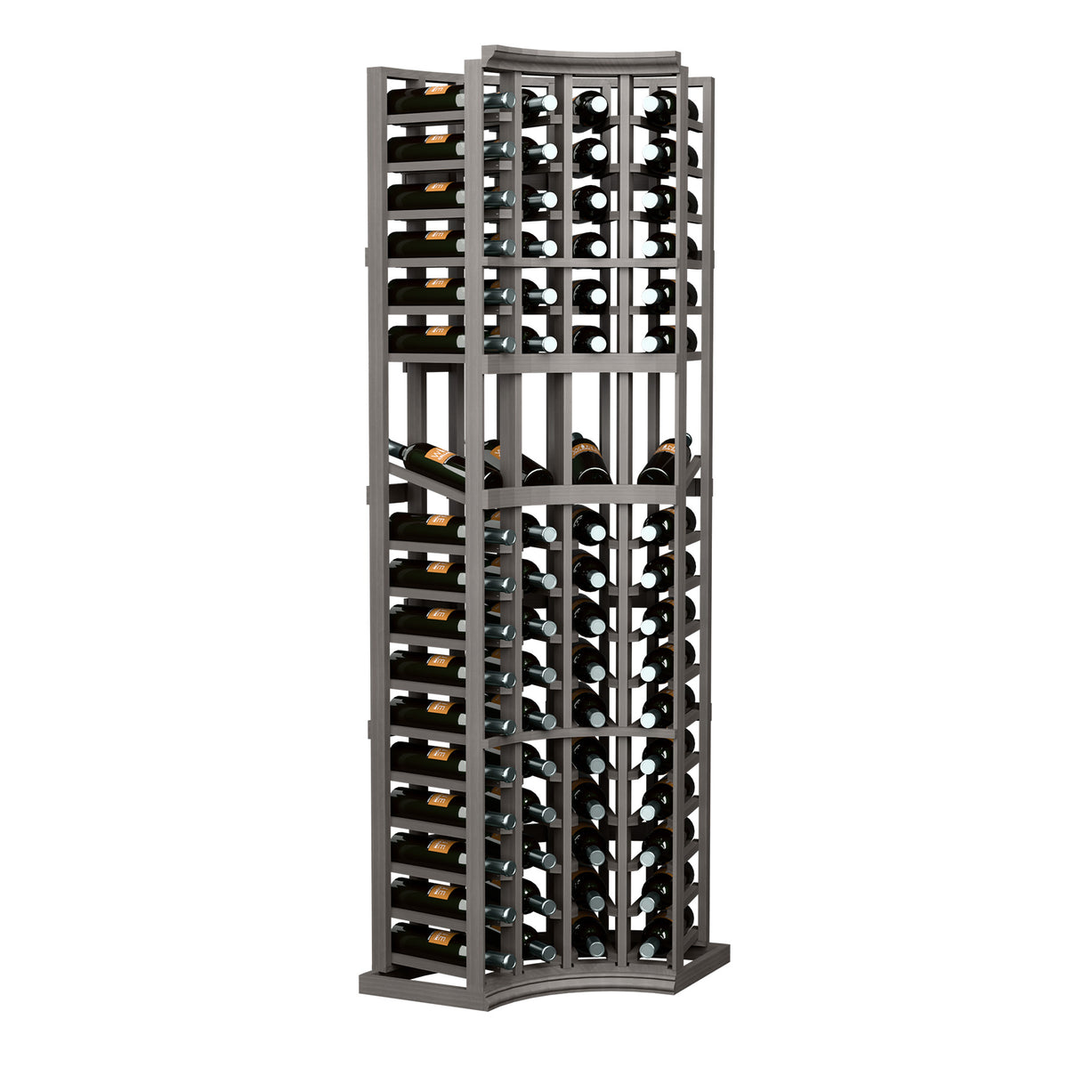 Gray 4-column curved-corner wine bottle display rack with divided bottle slots