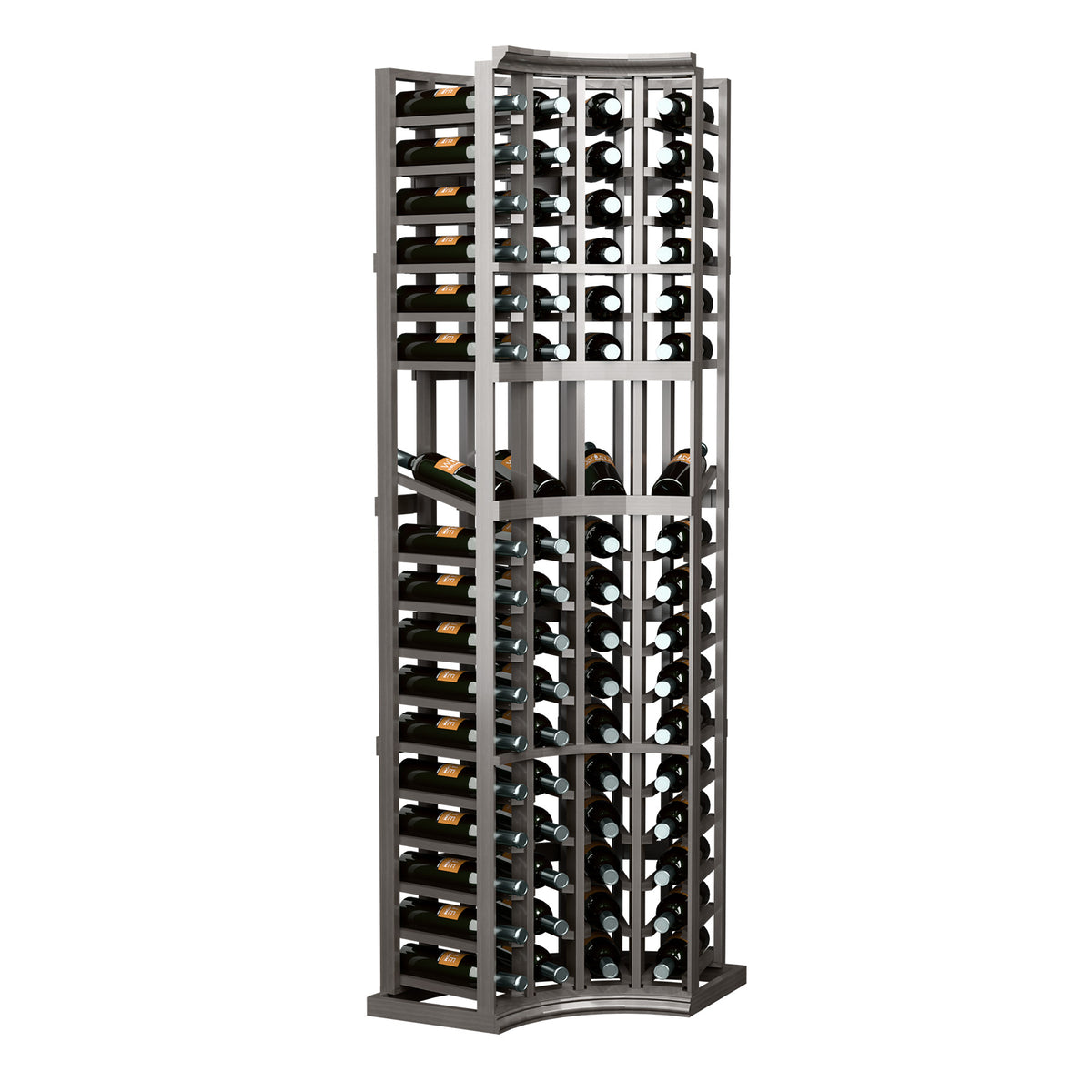Gray 4-column curved-corner wine bottle display rack, front view with bottle slots