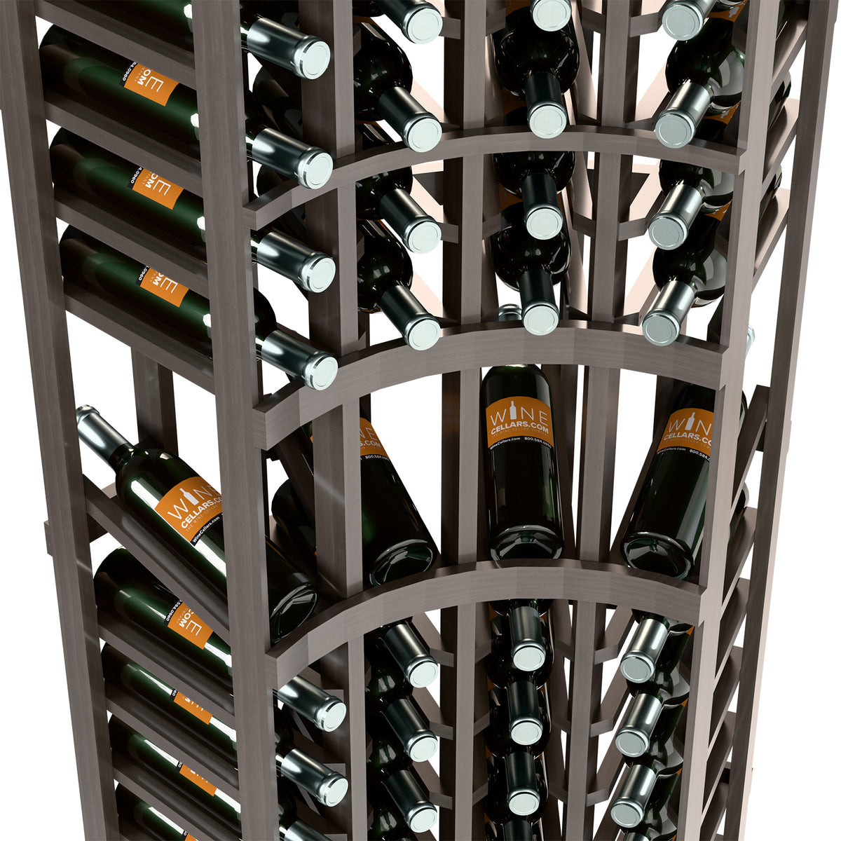 Close-up of gray wine rack showing bottle holders and curved corner supports