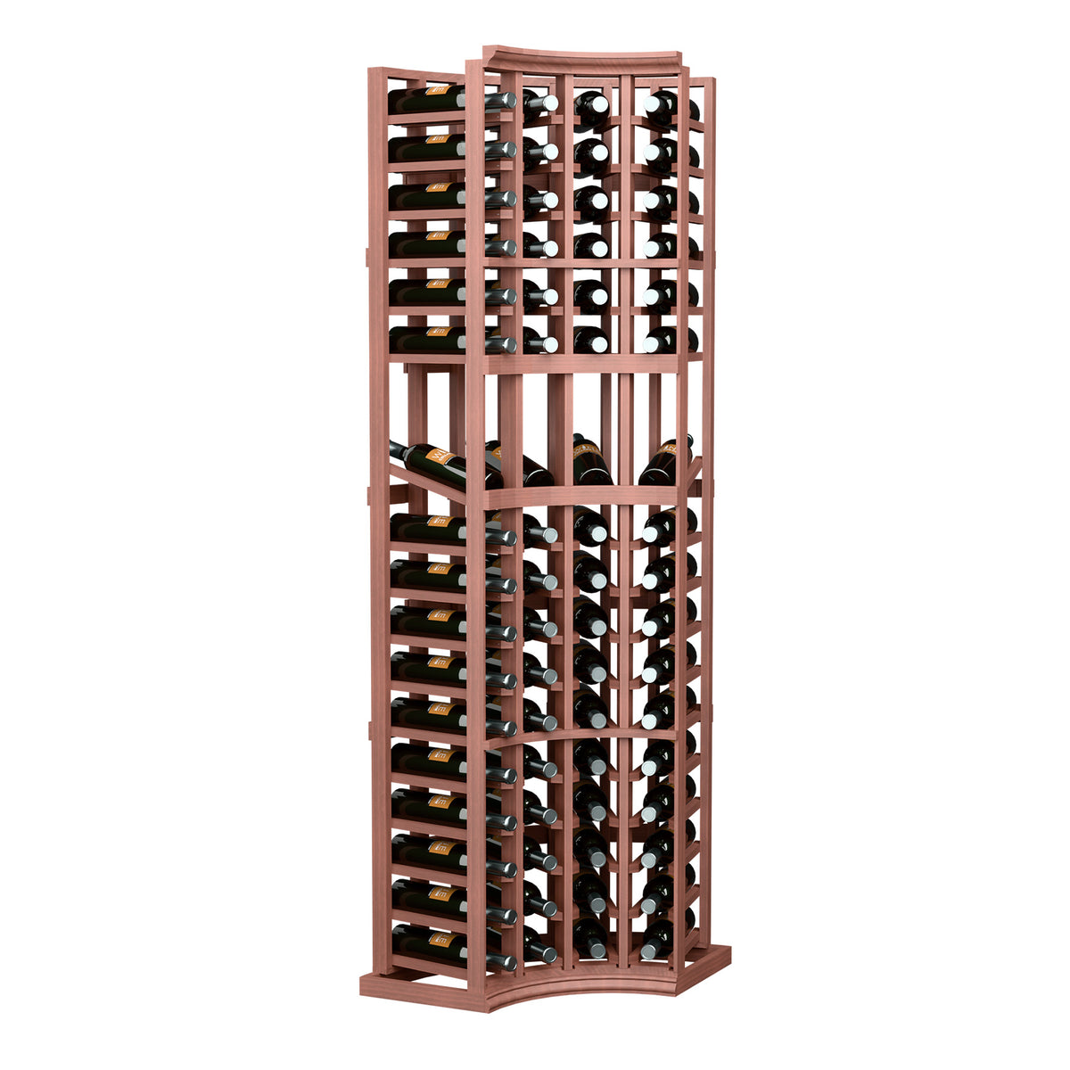 Red-brown 4-column curved-corner wine bottle display rack with grid bottle slots