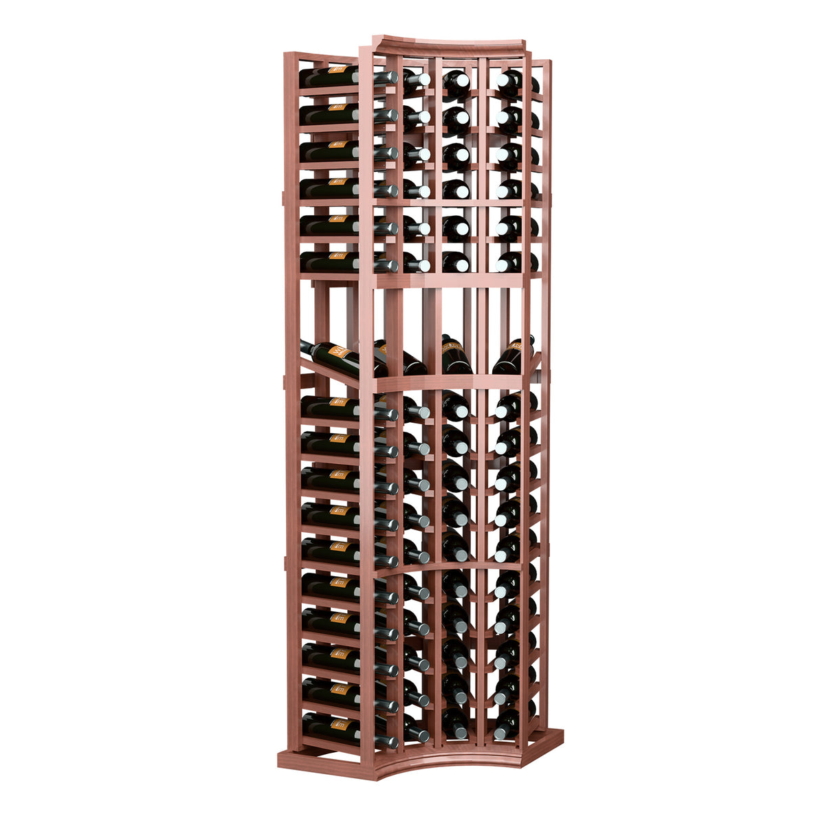 Red-brown 4-column curved-corner wine bottle display rack, front view with slots