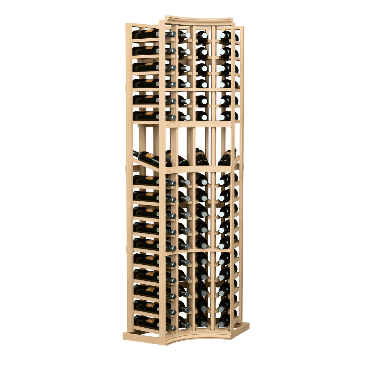 Light wood 4-column curved-corner wine bottle display rack with divided bottle slots