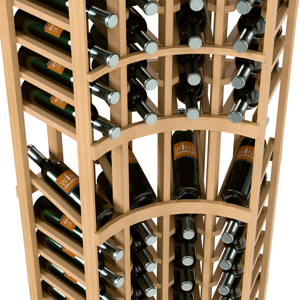 Close-up of light wood wine rack with bottle neck holders and grid dividers