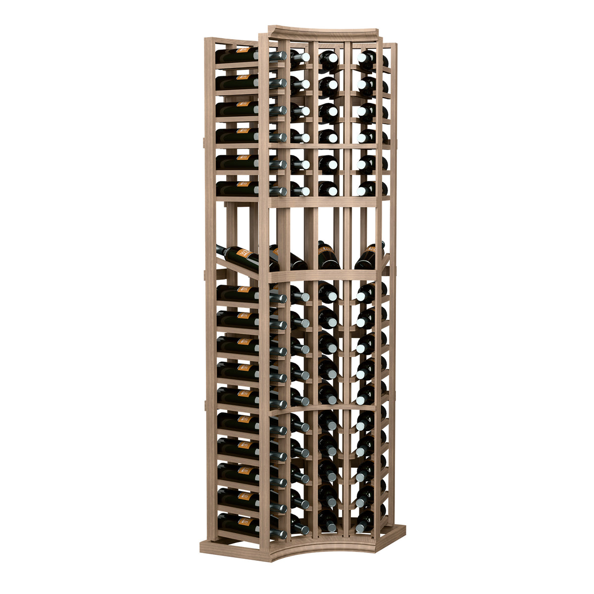 Tall 4-column curved corner wine display rack with bottle cubbies, light wood frame.