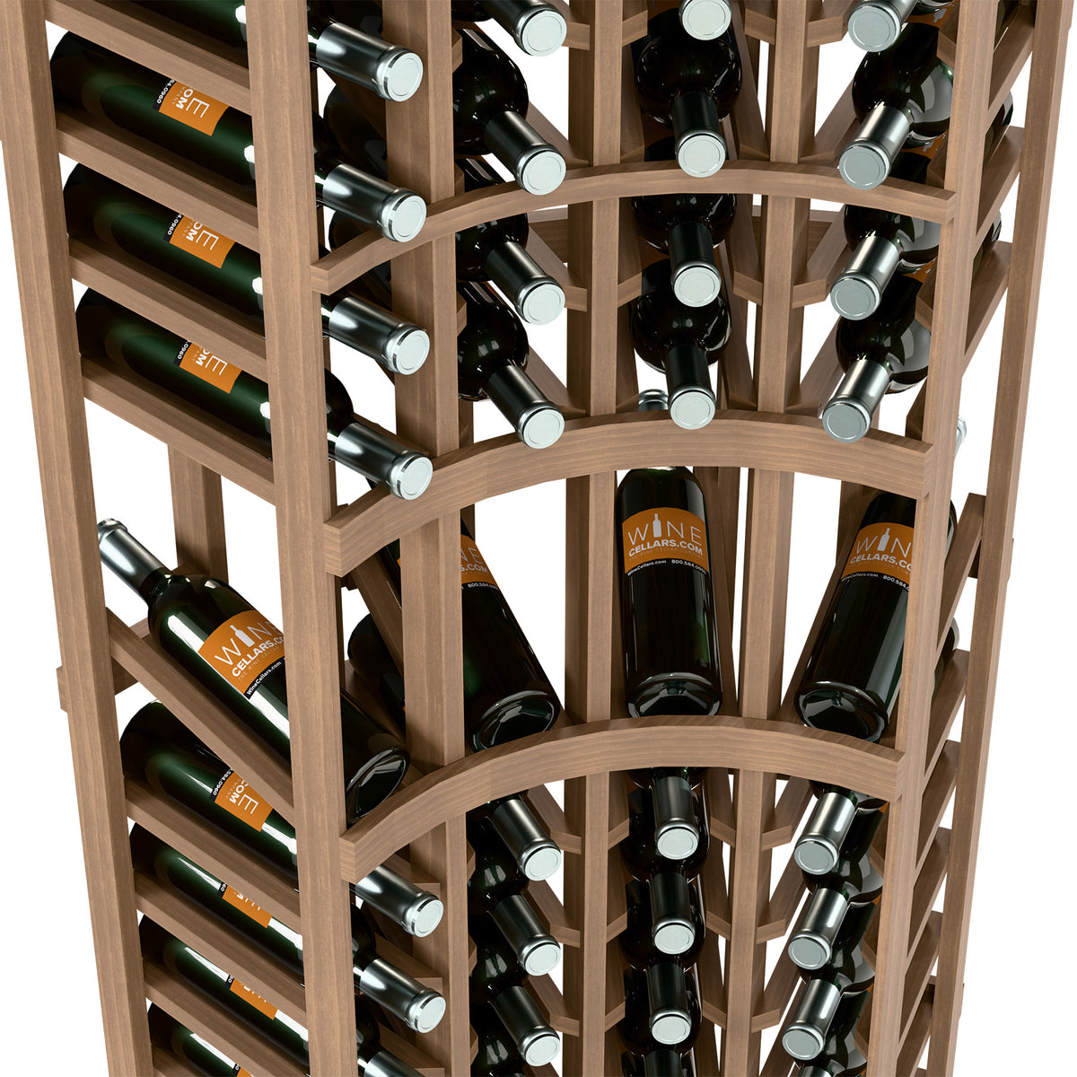 Wine display rack close-up with stacked bottle slots and curved shelf supports.