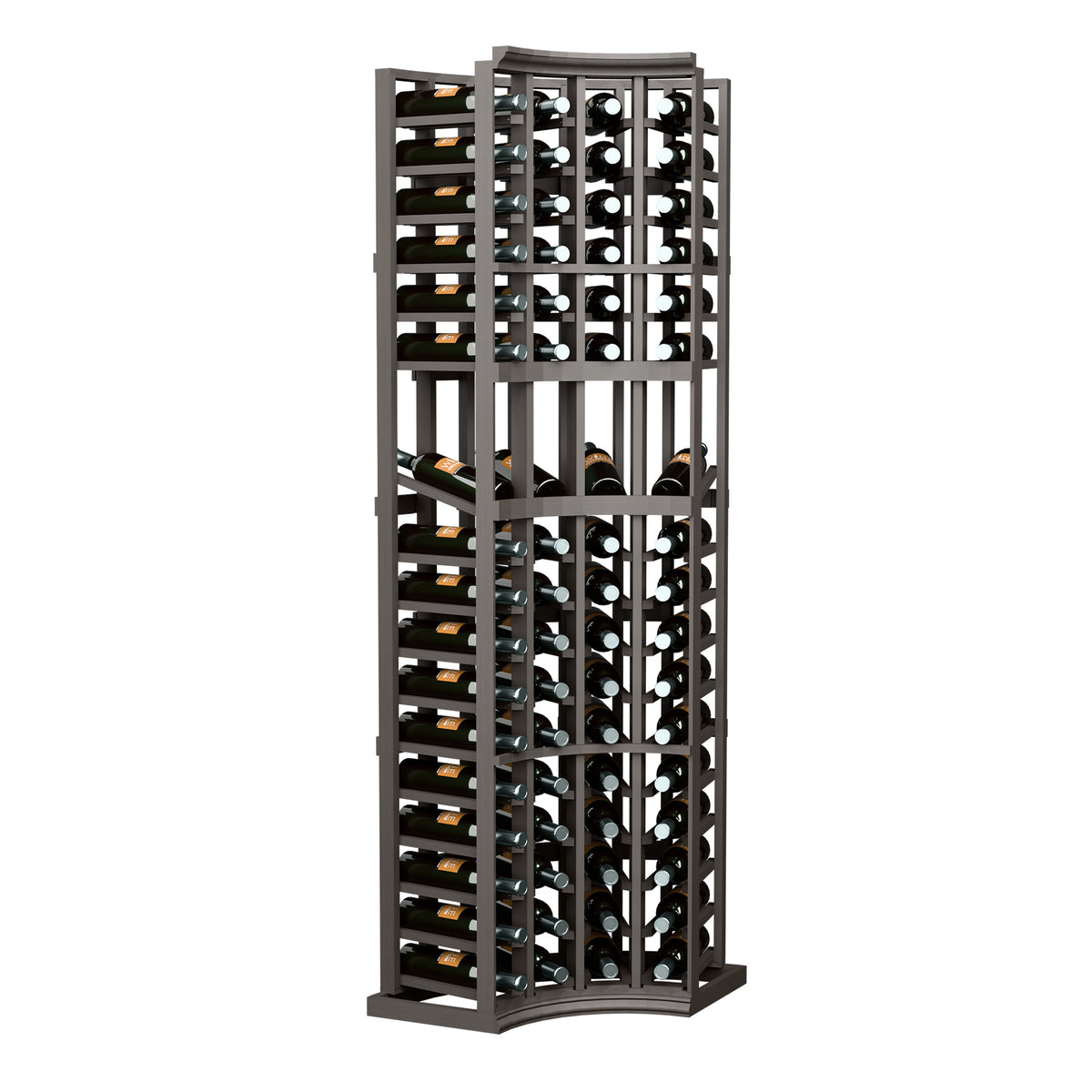 4-column curved corner wine display rack with bottle cubbies, dark gray frame.
