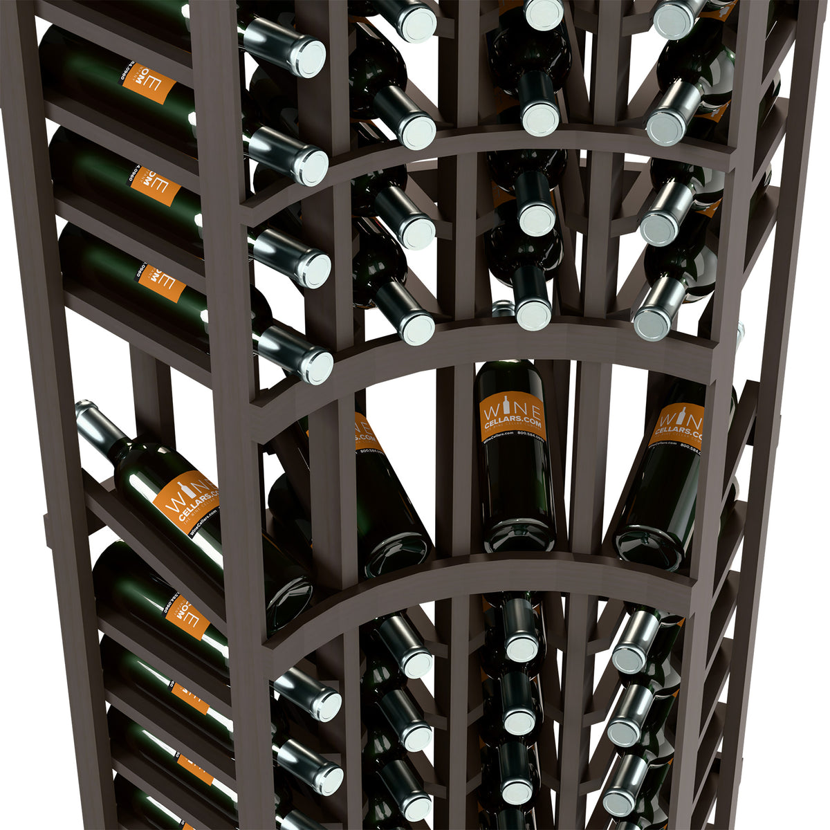 Curved corner wine rack close-up with wine bottles in cubbies and metal bottle rests.