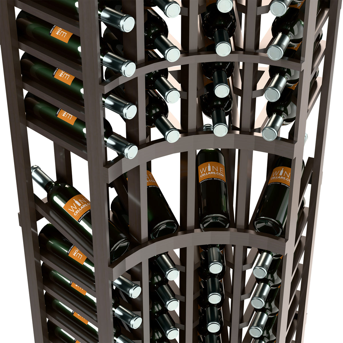 Close-up of dark gray wine rack showing stacked bottle slots and metal bottle caps.