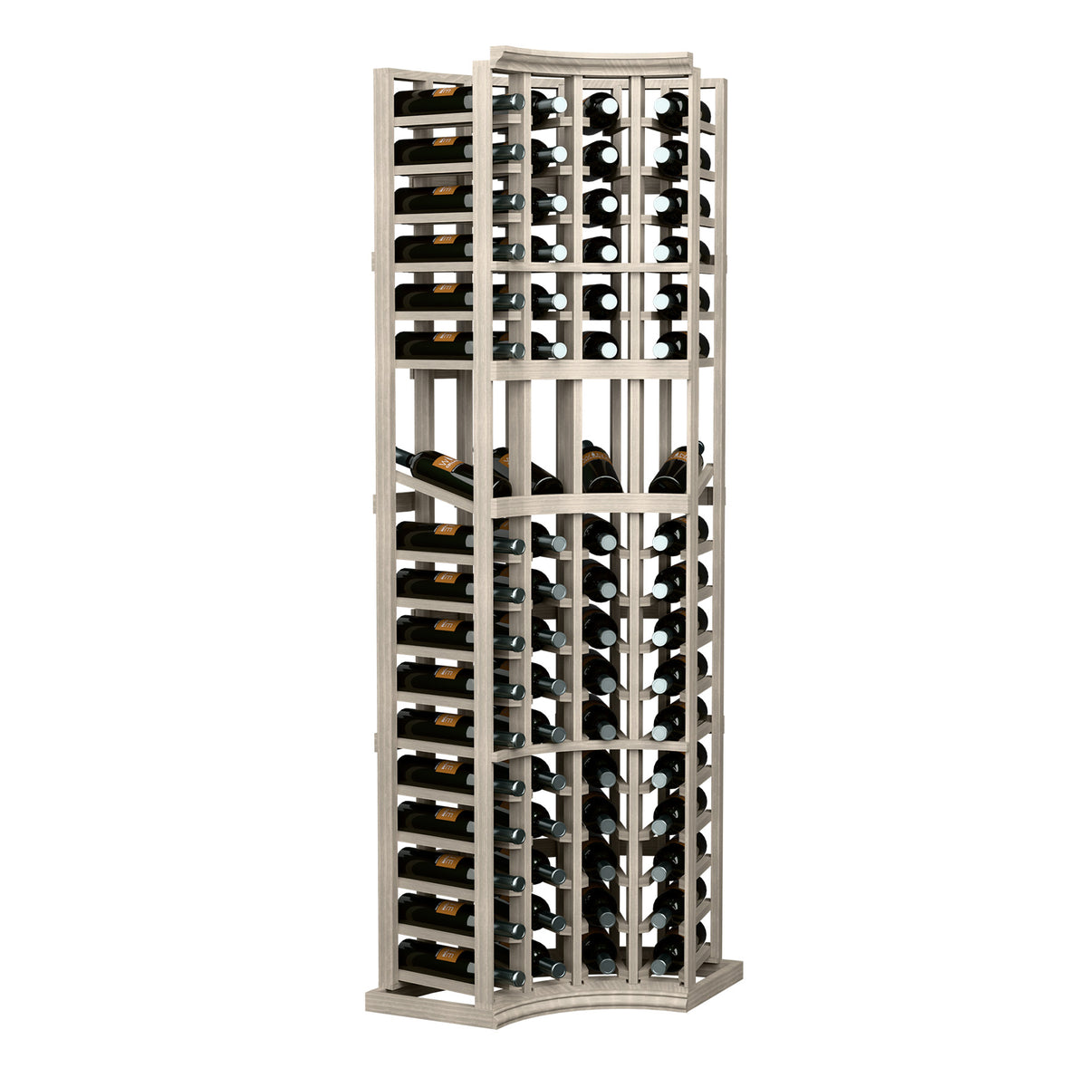 4-column curved-corner wine display rack with glass-bottle storage, light wood frame