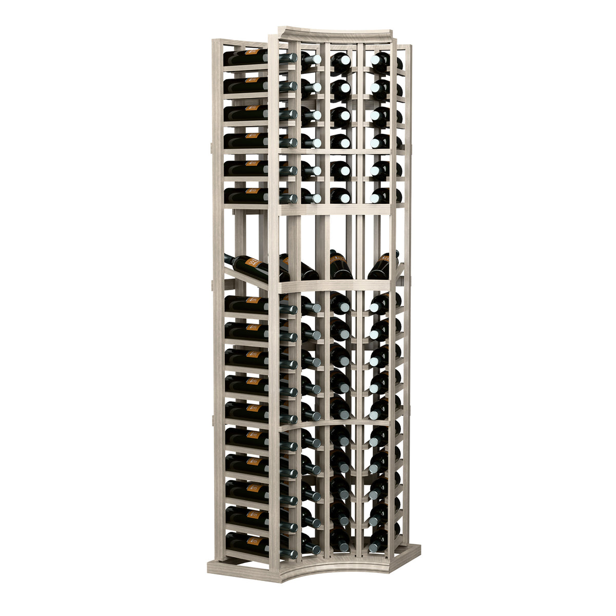 4-column curved-corner wine display rack, light wood frame with front bottle openings