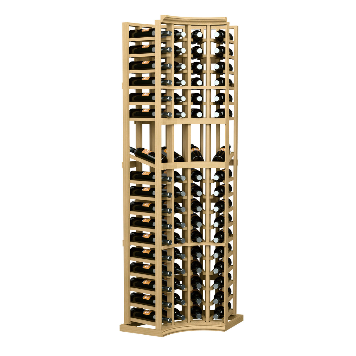 4-column curved-corner wine display rack with honey light wood frame and bottle storage