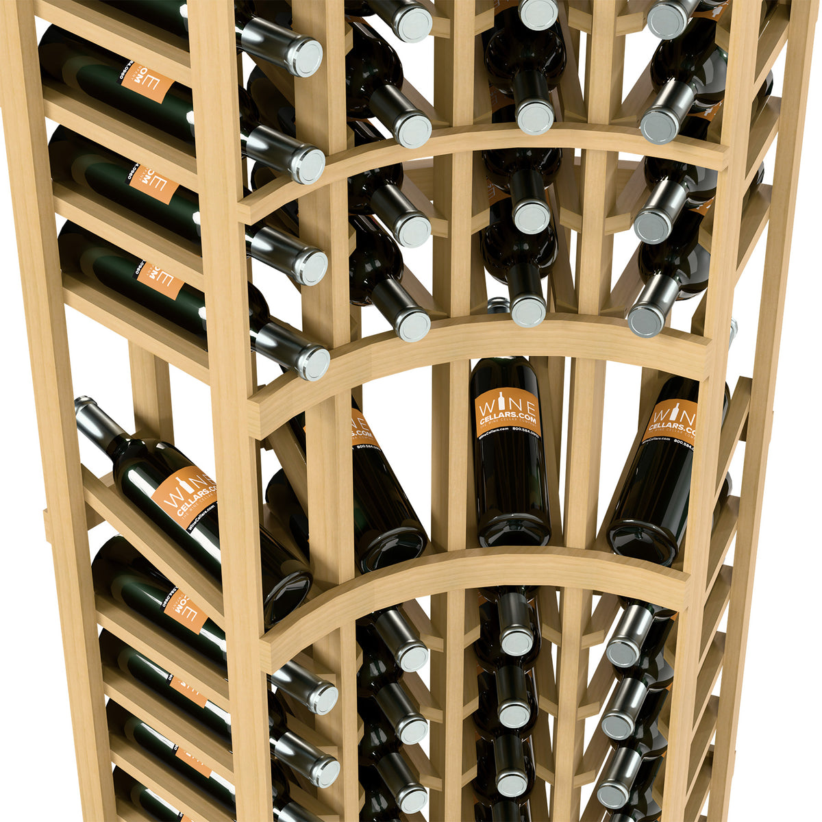 Wine rack interior in light wood with curved divider and bottle neck holders