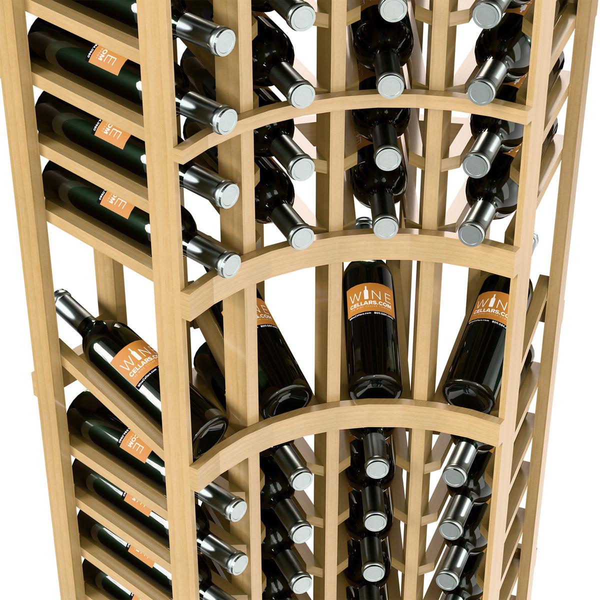 Curved-corner wine rack interior with multiple bottle rows and silver bottle neck rests