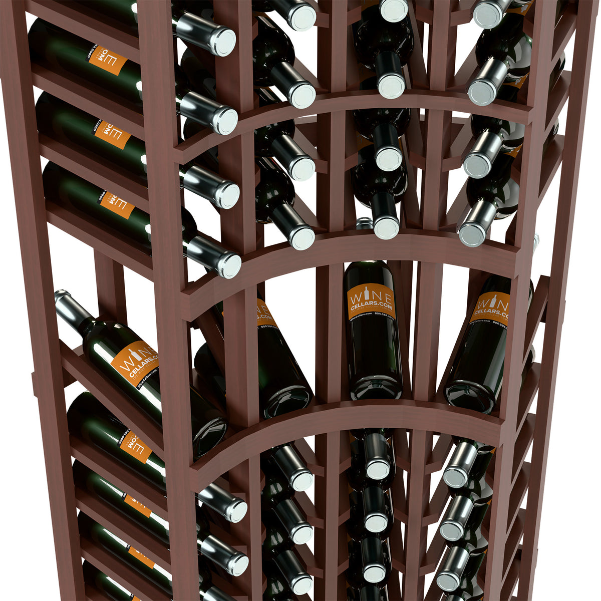 Curved-corner wine rack interior in dark wood with angled bottle rows and holders