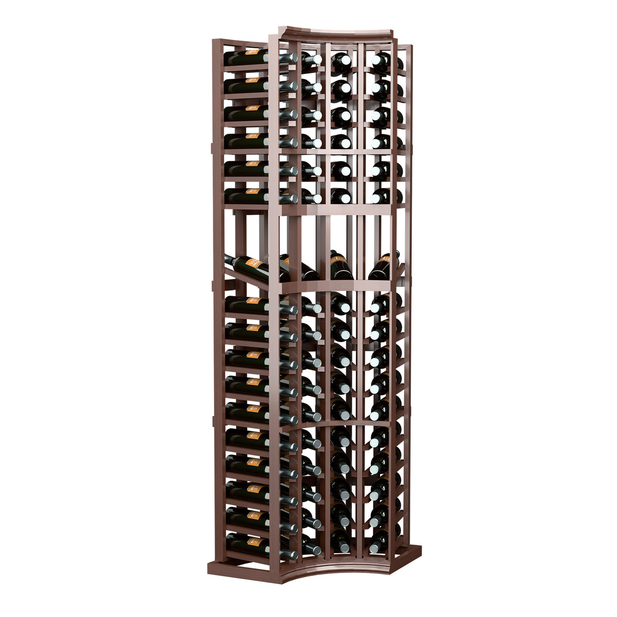 4-column curved wine rack with dark wood frame and bottle cubbies